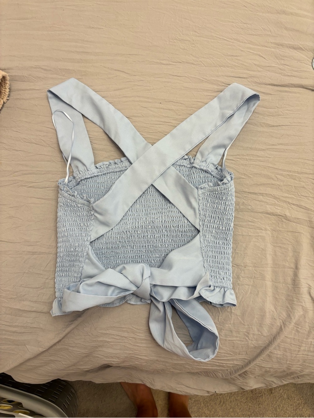Windsor Pale Blue Smocked Cross-Back Tie Crop Top